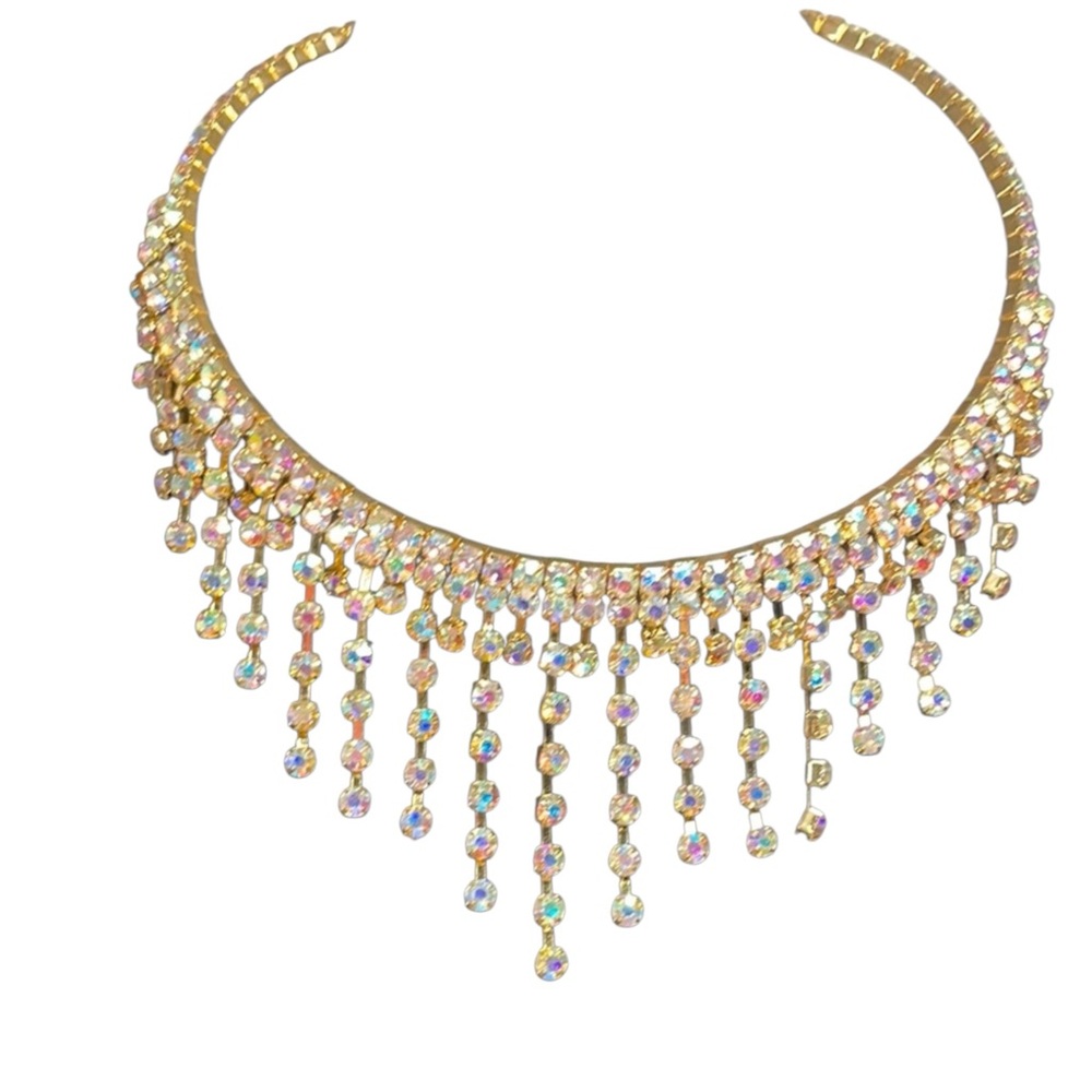 🆕 Gold Ornate Fringe Necklace with Crystal Accents NWT